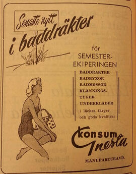 Annons för baddräkter, Konsum Gnesta, juni 1953
