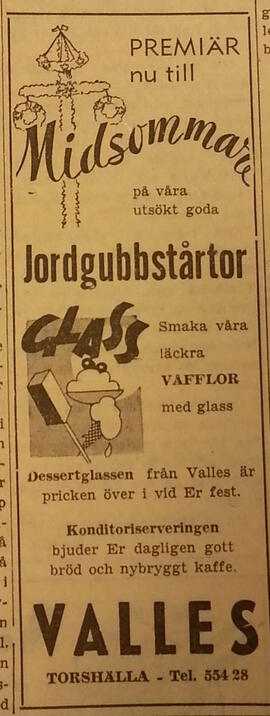 Annons för Valles Torshälla, juni 1954