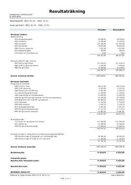Resultaträkning hela föreningen 2021