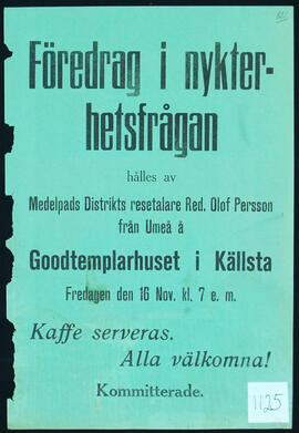 Affisch nr 1125, föredrag, nykterhet