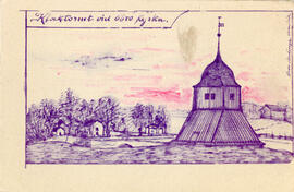 Vykort. Bro, klockstapeln vid kyrkan