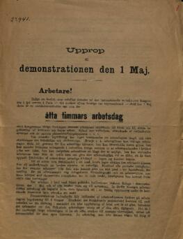 Utskick, upprop till demonstrationen 1890-05-01