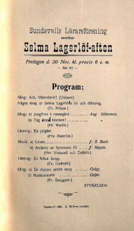 Program för Selma Lagerlöf-afton 1908-11-20